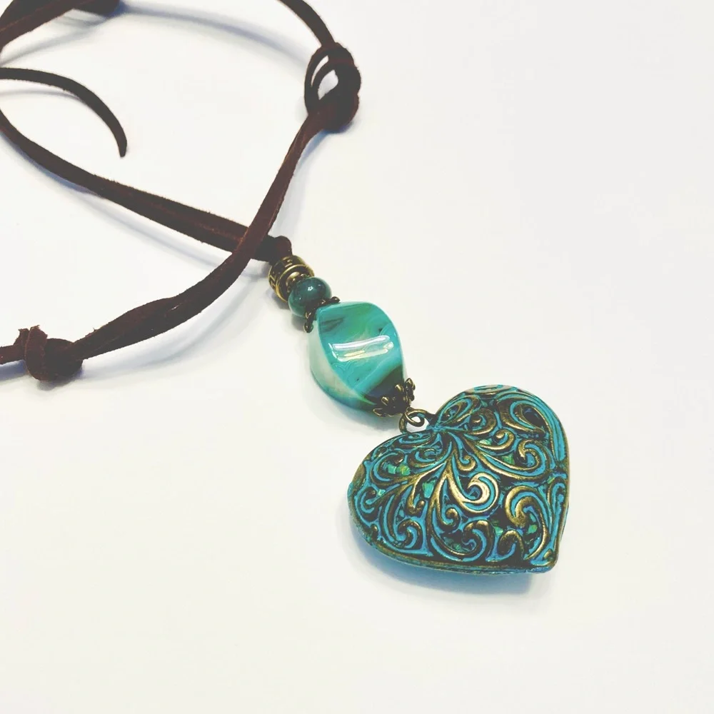 Teal Turquoise Patina Filigree Brass Heart Necklace w/ Onyx & Chrysocolla Stone - Picture 2 of 11